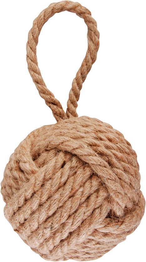 Bruine touwdeurstopper in de vorm van een bal met een lus.