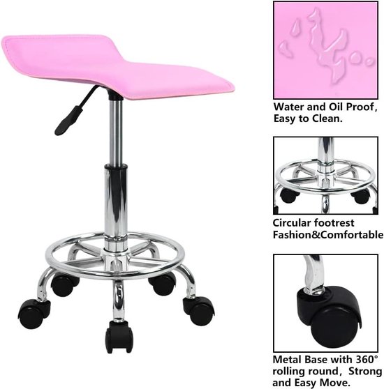 KKTONER Ronde rolkruk van PU-leer, met voetsteun, draaibaar, in hoogte verstelbaar, spa, tekenen, salon, tattoo, werk, kantoor, massagekrukken, taakstoel, klein (roze KKTONER Ronde rolkruk van PU-leer, met voetsteun, draaibaar, in hoogte verstelbaar, spa, tekenen, salon, tattoo, werk, kantoor, massagekrukken, taakstoel, klein (roze