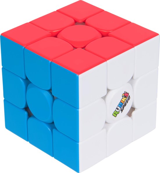 Rubik's Speed Cube met witte, blauwe en rode zijden. De kubus is deels gedraaid.