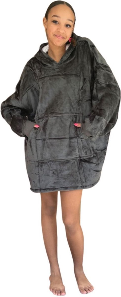 Hoodie Deken Kind - Deken met Mouwen voor Kinderen - super zacht - Fleece Deken met Mouwen - 134 t/m 164 (ca. 8-14 jaar) - Grijs