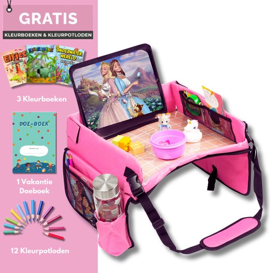 NeedyNeeds® - Reistafel met Tablethouder - Autotafel - Auto Organizer voor kinderen - Reistafel voor kinderen - Speeltafel auto - Roze