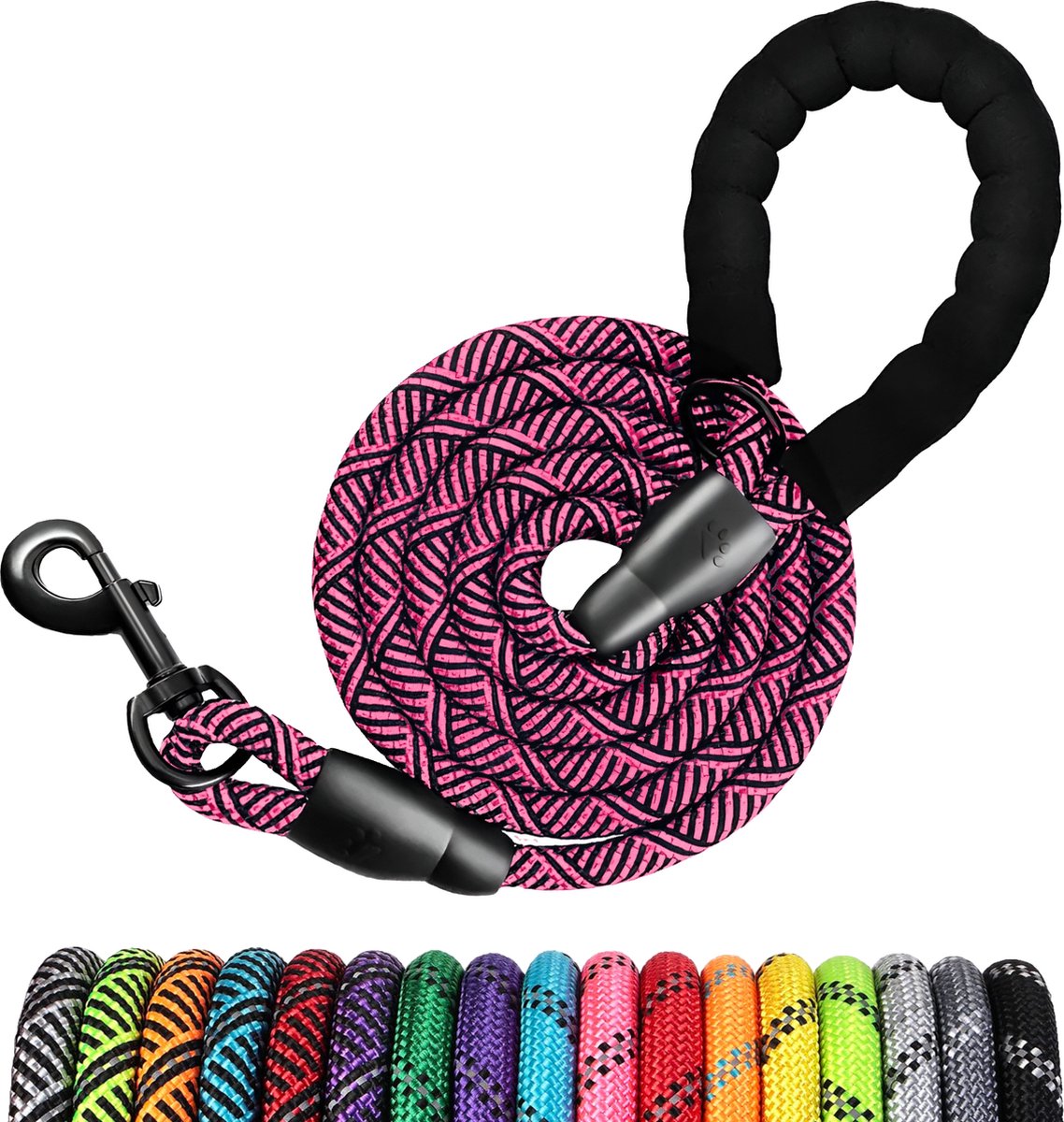 JAXY Hondenriem - Nylon Hondenlijn - Gevoerd Handvat - Robuust Touw - Reflecterende Looplijn Hond - 1,5 M - Roze/Zwart