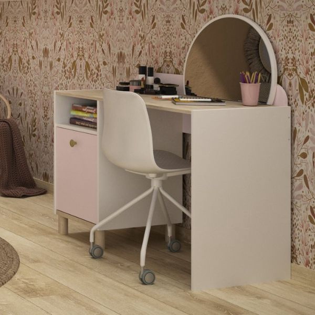 Kinderbureau Romy | 110 X 52 X 85 Cm | Wit-pastelroze - Gautier - Gami - Bureau - Wit; Roze - MDF