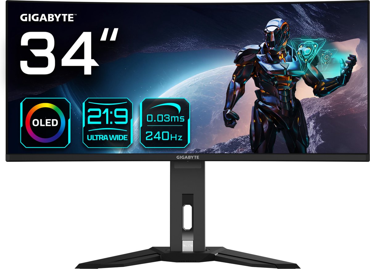 GIGABYTE MO34WQC2 OLED gaming monitor 2x HDMI, DisplayPort, 2x USB-A, USB-B, USB-C, KVM, 240 Hz