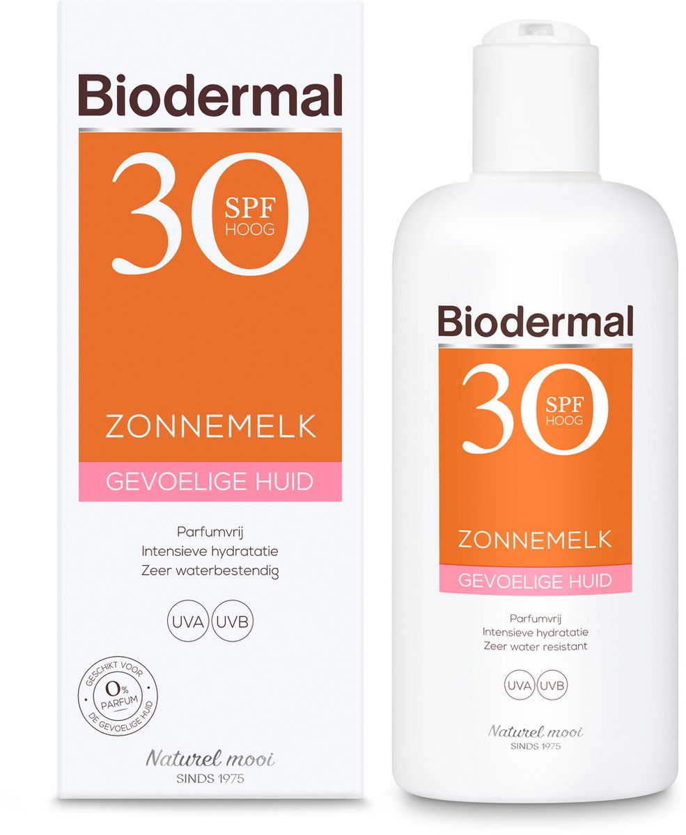 Bol.com Biodermal Zonnemelk Gevoelige huid SPF 30, 200 ml - Zonnebrand met UVA/UVB, Intensieve hydratatie, Zeer waterbestendig, ... aanbieding