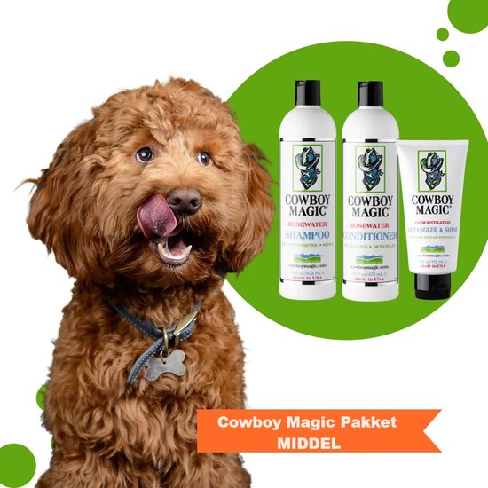 Middel Cowboy Magic Beginners Pakket met Cowboy Magic Hondenshampoo en Conditioner 473 ml + Detangler & Shine 118 ml + Handige doseerfles 500 ml