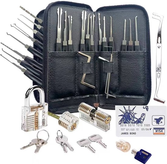 Foto: Lockpick set 46 set meest uitgebreid voor beginners en gevorderden survivalset incl 4 doorzichtige sloten 3 bonus levels handleiding