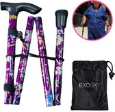 EXOKSY Wandelstok bloemen print - Verstelbaar en Opvouwbaar - Paars - Incl. Opbergtas - Hiking - Nordic - Loopstok Ouderen