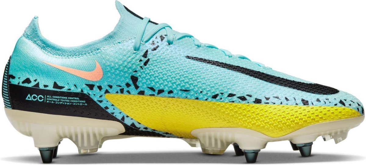 Nike Phantom GT2 Elite SG-PRO AC voetbalschoenen in maat 42.5, met een blauw en geel bovenwerk en zwarte details.