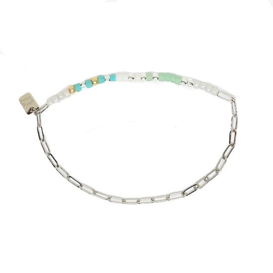 Bracelet à maillons et perles en blanc, bleu clair, or et vert.