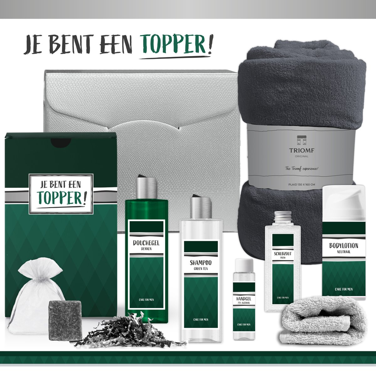 Goedkoopste Geschenkset Je bent een topper! - 8 Producten - 1325 Gram | Giftset voor hem - Luxe cadeaubox man - Wellness Pakket Fleecedeken - Cadeau Man - Vriend - Collega - Zorg Medewerker - Vrijwilliger - Coach Trainer - Vaderdag - Kerstpakket Kerst - Groen