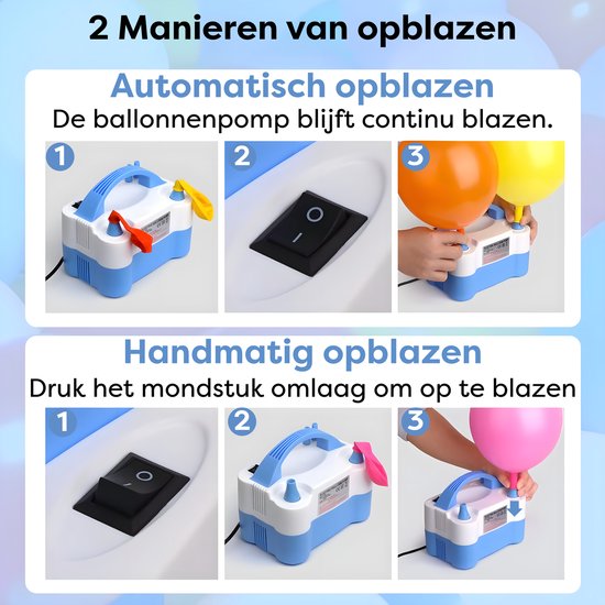 Pompe à ballons bleu et blanc expliquant le gonflage automatique et manuel avec interrupteur.
