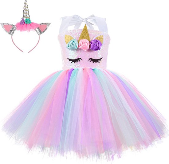Joya Kids® Luxe Witte Eenhoorn Verkleed Jurk met Pailletten | Unicorn Jurk kostuum | Prinsessen jurk verkleedjurk + Haarband | Jurk met pastel tule rok | cadeau meisje | Maat 110