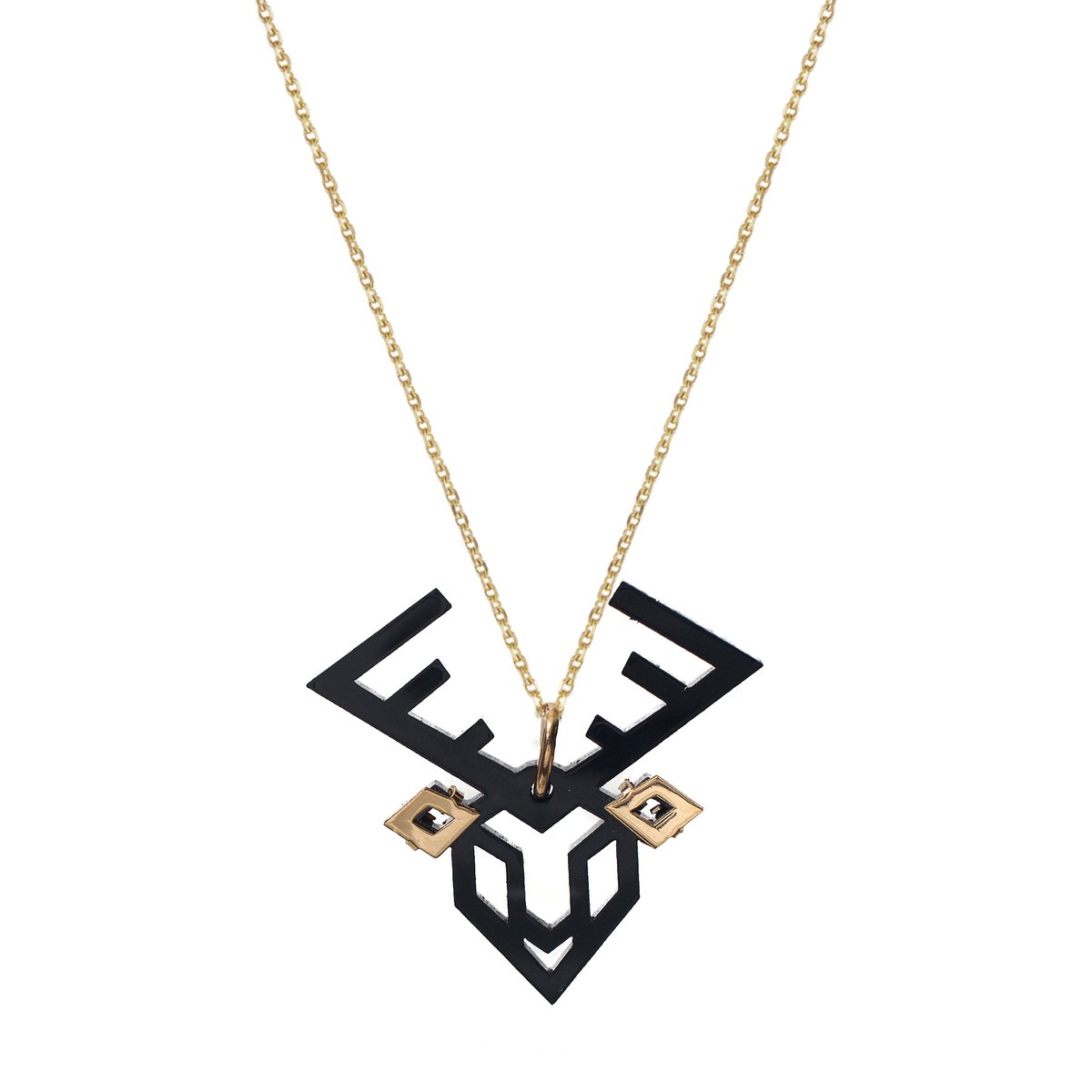 HÔBE | Ciervo Hanger | 14 Karaat Goud Verguld Messing| Zwart Celluloseacetaat | Lengte: 4cm | Breedte: 4.5 cm | 100% Nikkelvrij | Handgemaakt | Zonder Ketting
