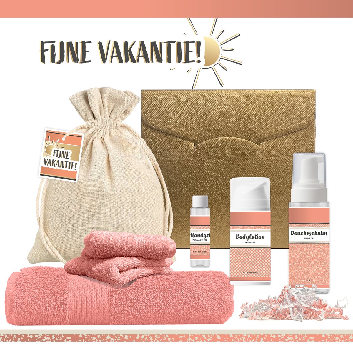 Goedkoopste Geschenkset “Fijne vakantie!” - 7 producten - 600 gram | Wellness Vakantiepakket - Groot Strandlaken - Luxe Giftset Strand Badlaken - Cadeau voor haar - Zomer Cadeaupakket - Vakantie Pakket - Medewerkers Zorgwerkers Vrijwilligers - Gift Goud Roze