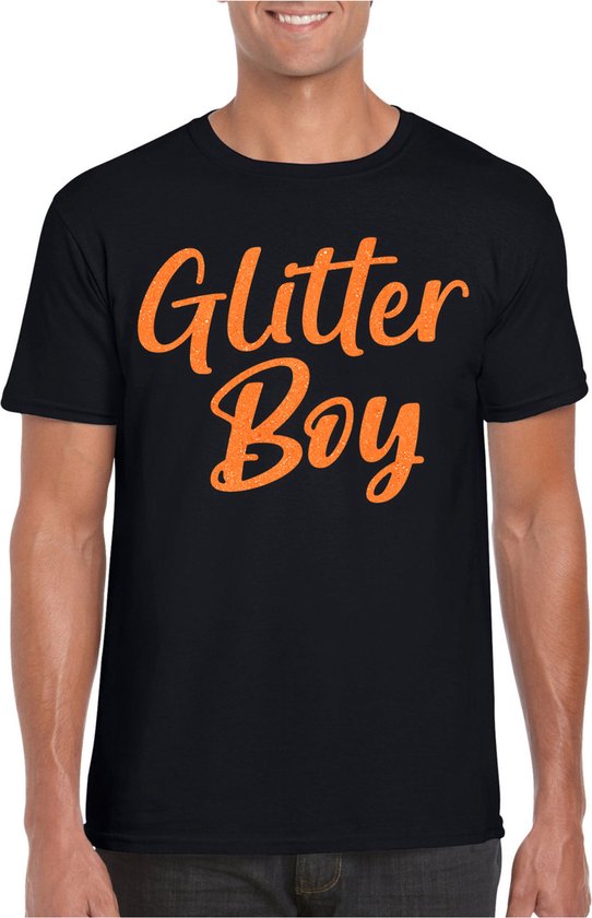 Bellatio Decorations Verkleed T-shirt voor heren - glitter boy - zwart - oranje glitter - carnaval S