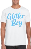 Bellatio Decorations Verkleed T-shirt voor heren - glitter boy - wit - blauw glitter - carnaval L