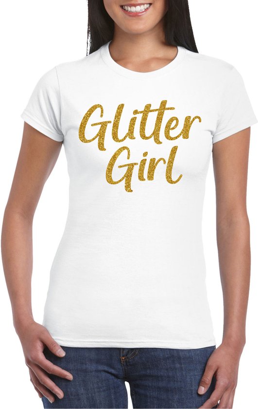 Bellatio Decorations Verkleed T-shirt voor dames - glitter girl - wit - glitter and glamour - carnaval/themafeest XS