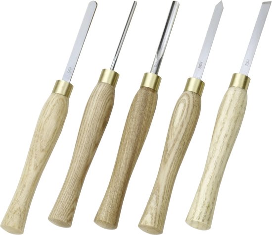 Vijf houtdraaibijlen met houten handvatten en metalen uiteinden. Elk met 'HSS' gemarkeerd.