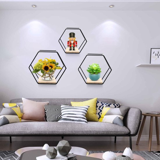 Etagere Hexagonale Murale Étagères Murales Hexagonales Dorées - Lot 3 Tailles Bois Et Métal Rangement Mural Décoratif