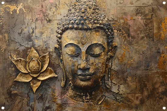 Boeddha poster - Sculptuur poster - Tuinposter Lotus - Tuinschilderij voor buiten - Poster tuin - Posters tuinposter 150x100 cm