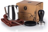 Premium Barista Set - 5-delig melkkannetje 035 liter koffiestempel-tamper Ø 51 cm roestvrij staal - Buddy's Bar - bijpassende siliconen stampermat & koffienaald - L: 135 cm handdoek
