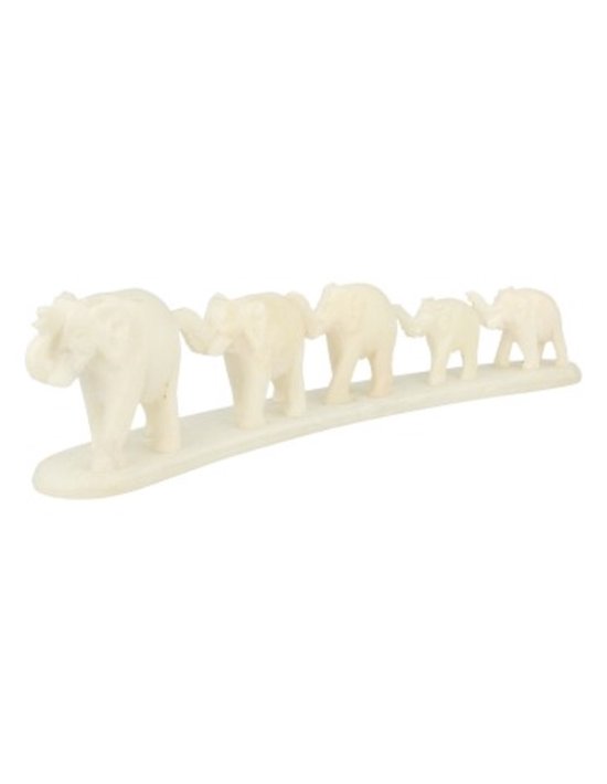 Speksteen 5 olifanten op strip 19 cm wit
