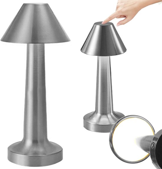 Tafellamp op batterijen - Oplaadbaar en dimbaar - Touch bediening - Moderne lamp - Nachtlamp draadloos - Nachtlamp oplaadbaar - Zilver