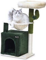 MaxxPet Krabpaal - Kattenspeeltuig Cactus - Krabton - Kattenhuis - Kattenkrabpaal 3 verdiepingen - 2 ligplekken + Kattenhuisje met extra speeltjes - 40x30x75cm - Groen