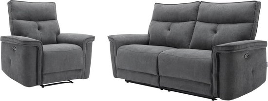 Elektrische driezits-relaxbank en -fauteuil van antracietgrijze stof BENJAMIN L 202 cm x H 103 cm x D 92 cm
