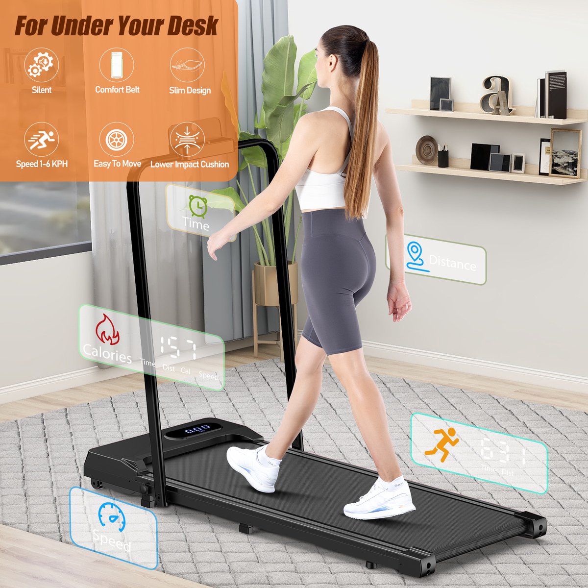 Afbeelding 2 van Loopband - Inklapbaar loopband Elektrisch met armleuningen, 1-8 km/u - met afstandsbediening en LCD-display - Walkingpad - Treadmill - Zwart