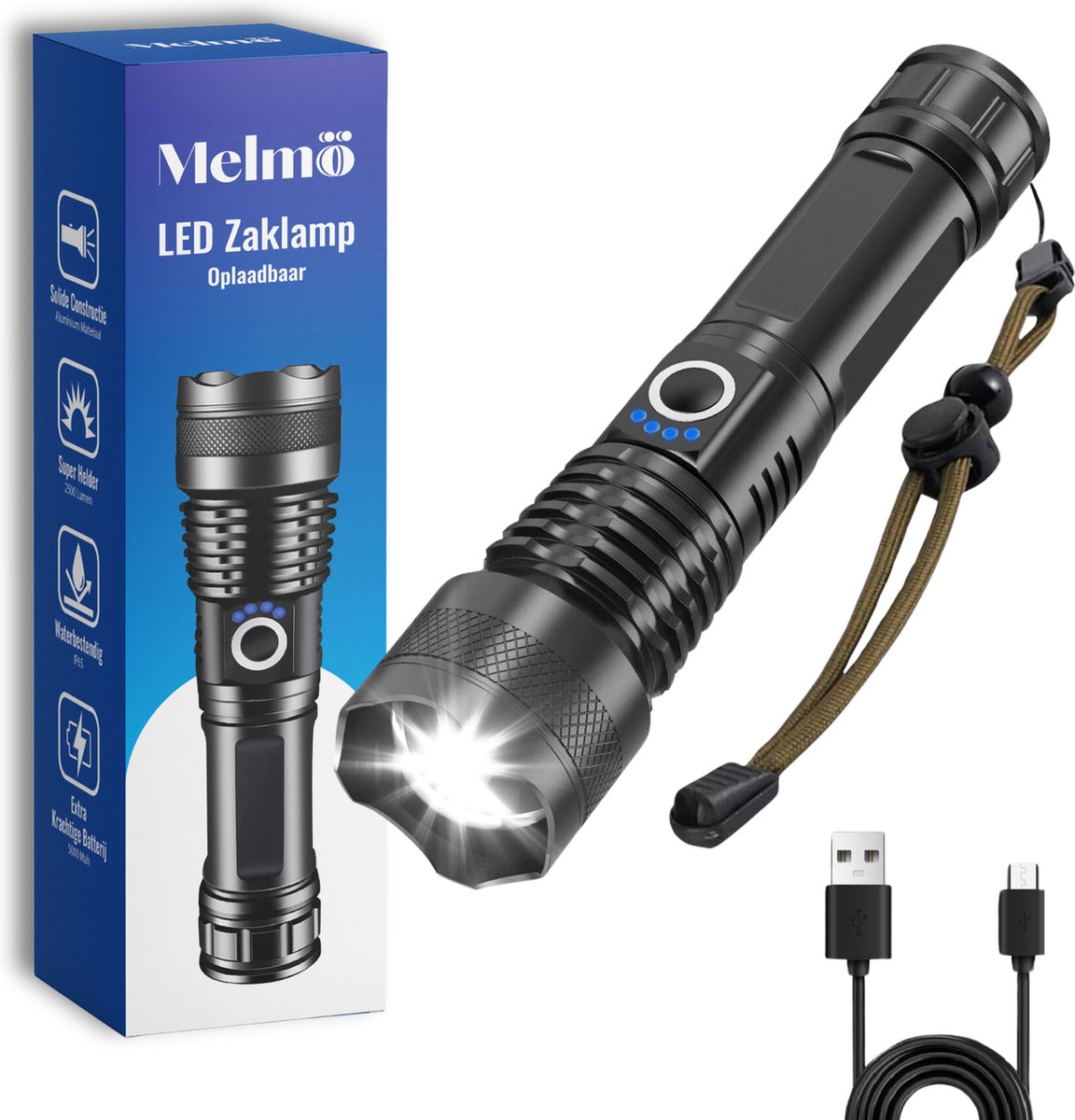 Bol.com Melmö® Zaklamp LED Oplaadbaar - USB-C Oplaadbaar - 2500 Lumen - Bereik tot 1000 m - 5 Lichtstanden - Zoombaar - 5000 mAh... aanbieding