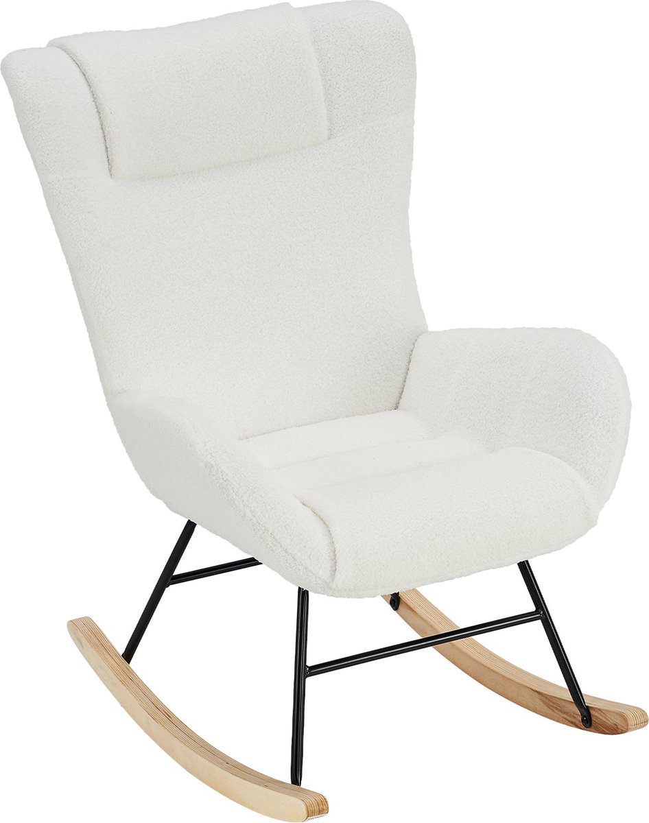 Merax Gestoffeerde Schommelstoel in Teddy Stof Fluwelen Stoel Luxe Teddyfluweel Relaxstoel Wit