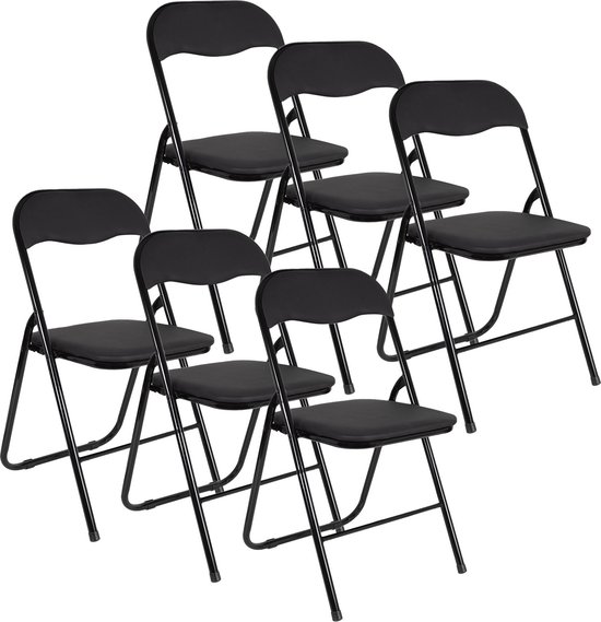 EASTWALL Klapstoel Premium – 6 Stuks – Vouwstoel – Bijzetstoel Binnen – tot 90kg belastbaar – 43cm zithoogte - Staal/katoen/PVC - Zwart