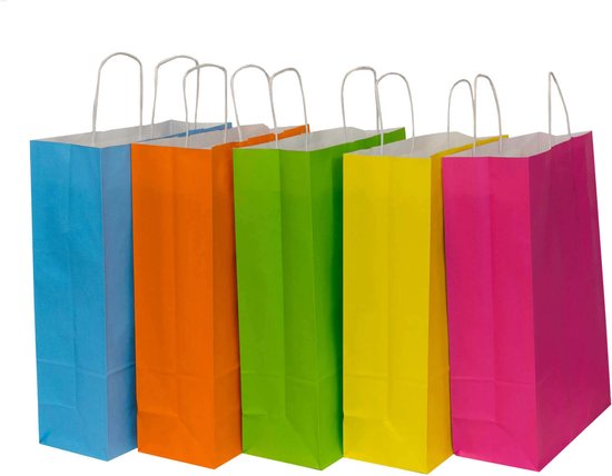 50 kleine papieren draagtassen Van Kraftpapier Mix 1 Met Gevlochten Oren 18x8x22 cm geel blauw groen oranje roos Kraft Tasjes Met Handvat/ Cadeautasjes met gedraaid handgrepen / Zakjes/