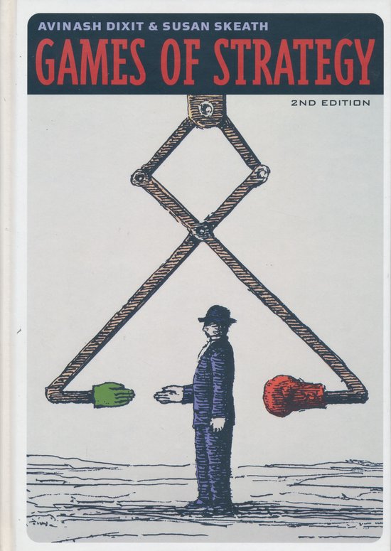 Boek 'Games of Strategy' met een illustratie van een man in een pak die een mechanisch apparaat vasthoudt met een groene en een rode handschoen eraan.
