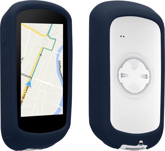 Donkerblauwe hoes met GPS device aan de voorkant en achterkant, getoond op witte achtergrond.