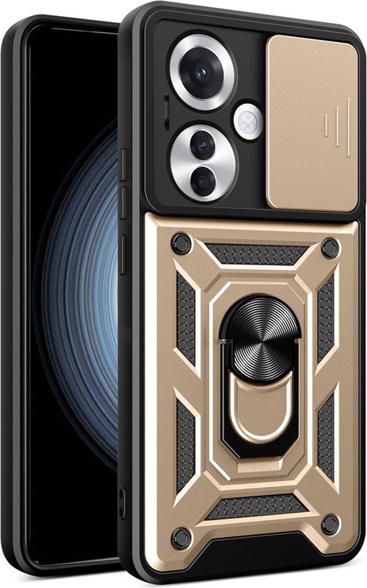 MobyDefend Hoesje - Geschikt voor Oppo Reno 11F - Pantsercase Met Draaibare Ring - Goud