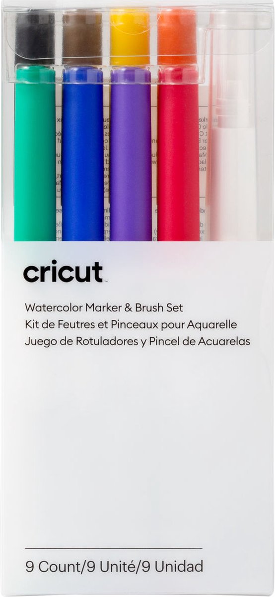 Cricut Aquarellstiften & -pinsel, 9er Stiftset Groen, Blauw, Violet, Rood, Zwart, Bruin, Geel, Oranje