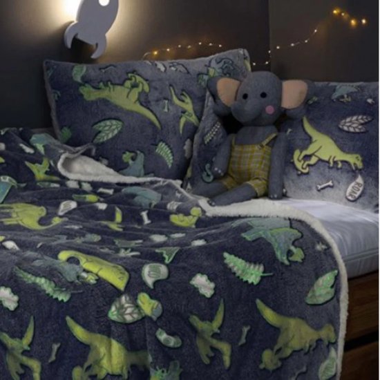 Dinosaurus teddy fleece dekbedovertrek glow in the dark - 1-persoons (135x200 + 50x75 cm)