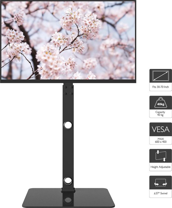 PERLEGEAR TV-vloerstandaard Voor 30-70 Inch – Draaibaar, Kantelbaar, Hoogte Verstelbaar, Tot 50 Kg, VESA 600x400 Mm