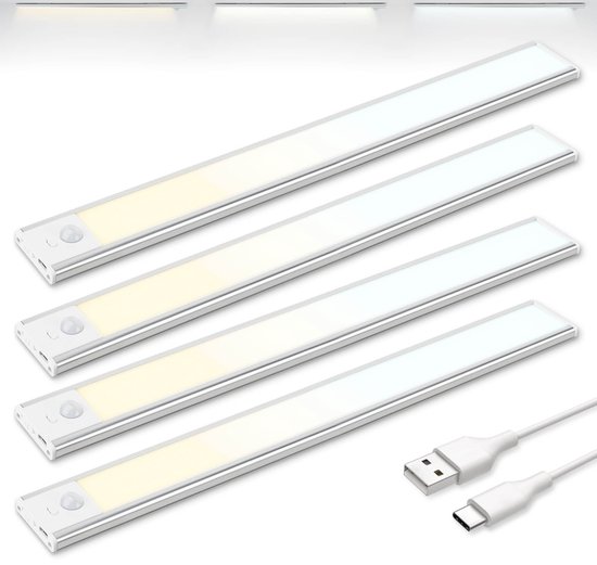Brendz LED Kastverlichting met Bewegingssensor, USB-C Oplaadbare Led-Strip, 3 Kleurtemperaturen, Dimbare Keukenverlichting, Magnetische Verlichting voor Kasten, Gangen, Slaapkamers, 4 x 40cm, Zilver