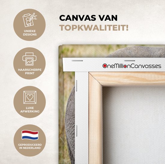 Canvas schilderij 180x120 cm - Wanddecoratie Olifant - Dieren - Gras - Natuur - Muurdecoratie woonkamer - Slaapkamer decoratie - Kamer accessoires - Schilderijen op canvas