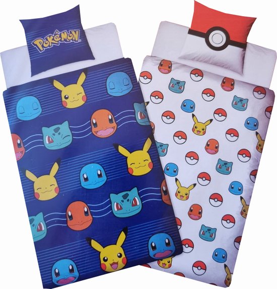 Pokemon Dekbed Overtrek Pikachu Bulbasaur Charmander Squirtle - 140 x 200 cm Dubbelzijdig Dekbedovertrek Eenpersoons - 1 Kussensloop