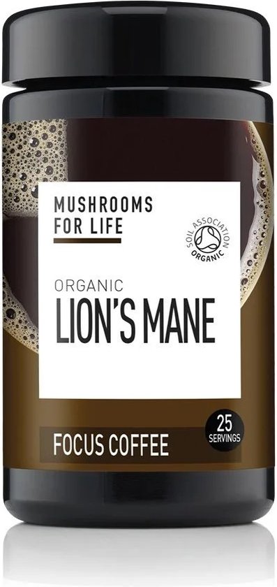Bruine pot met etiket 'Mushrooms for Life Organic Lion's Mane Focus Coffee', 25 porties.