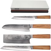 Sumisu Knives - Japanse messenset 4-delig incl. slijpsteen - Wood collection - 100% damascus staal - Hobbykok messenset - Geleverd in luxe geschenkdoos