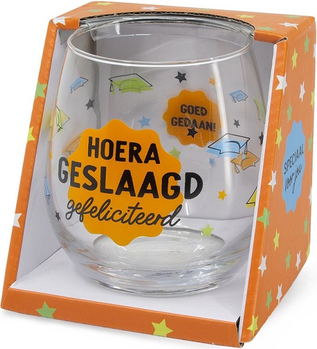 Geslaagd - Toffees - Wijnglas - Hoera Geslaagd - zijden lint: "Speciaal voor jou" - Cadeauverpakking