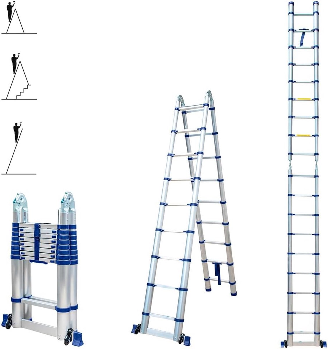 Telescopische ladder 5,6m 2 x 9 treden opvouwbaar professioneel multifunctioneel werkhoogte max. 6,5m