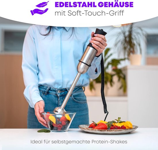 Stafmixer 1000 Watt Roestvrij Staal met Extra Lange Steel en Snelheidsregeling van Merkloos — afbeelding 3