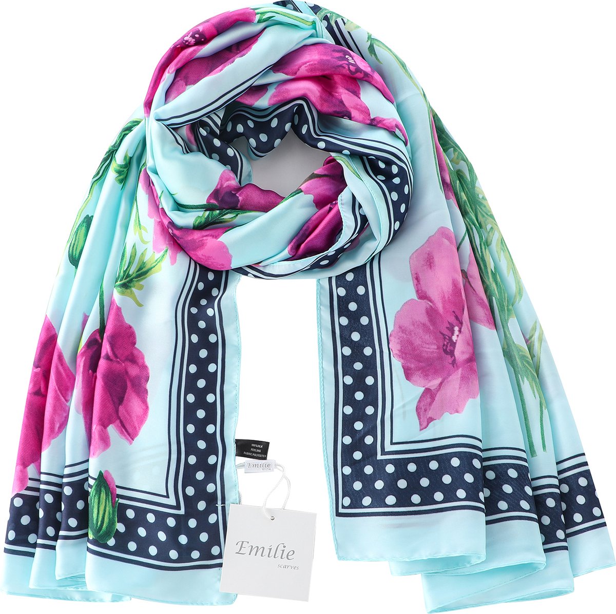 Emilie scarves - sjaal - lang - silky feeling - bloemenprint - klaprozen - mintblauw